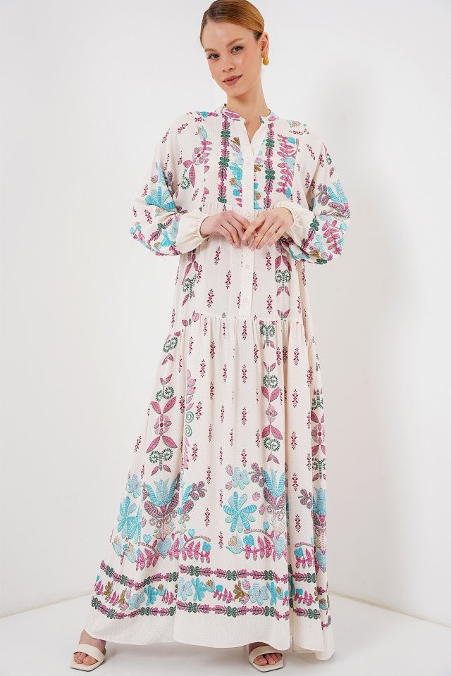 2423 Otantik Desenli Tesettür Elbise - B.Pembe