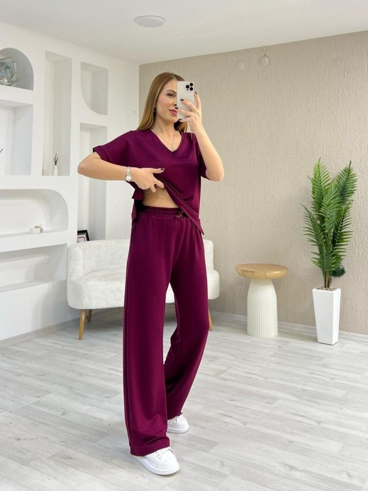 Kadın Modal Kumaş Rahat Kesim V Yaka Eşofman Takımı