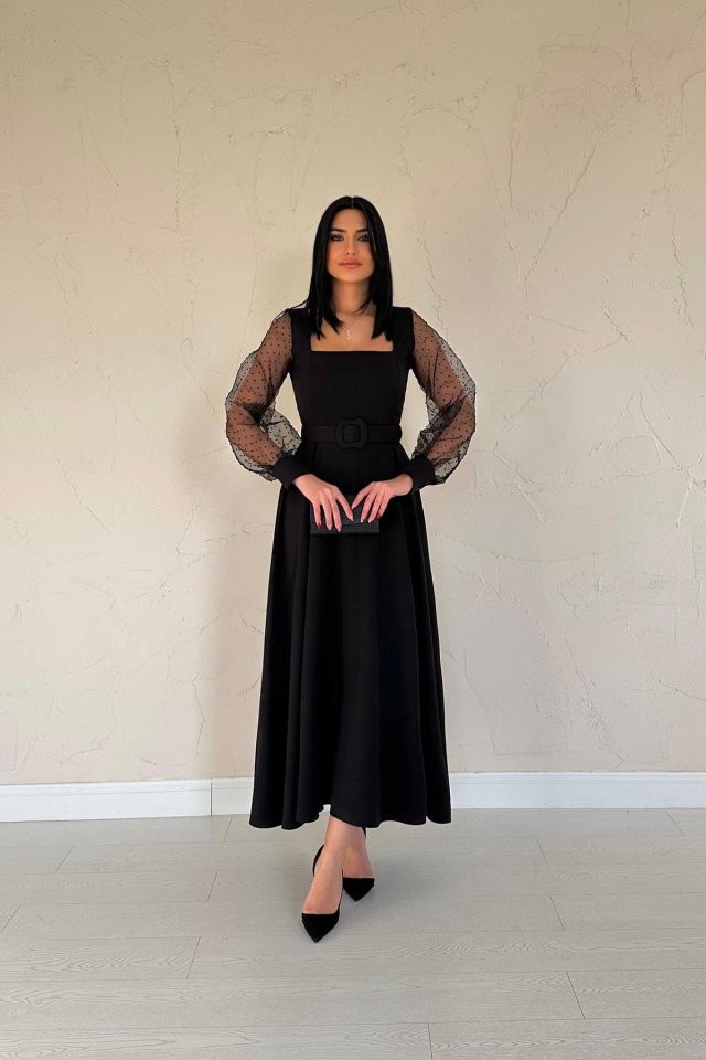 Siyah Kolları Organze Kuplu Elbise