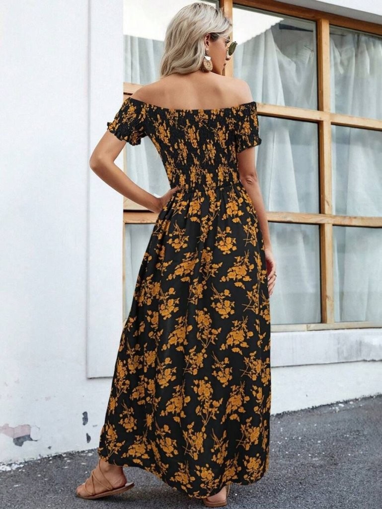 Kadın Kısa Kollu Madonna Yaka Yırtmaçlı çiçek Desenli Süprem Elbise