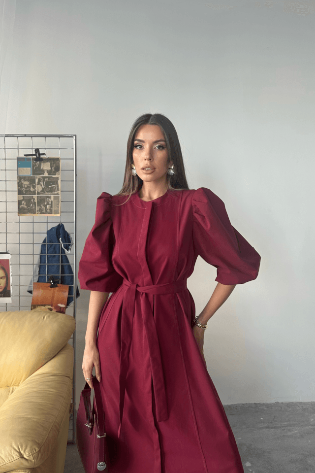 TENCEL KARPUZ KOL ELBİSE - Bordo