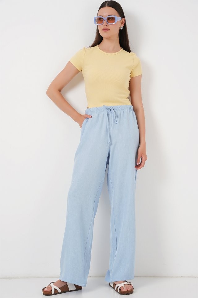 Geniş Paça Keten Pantolon 6735 - Mavi