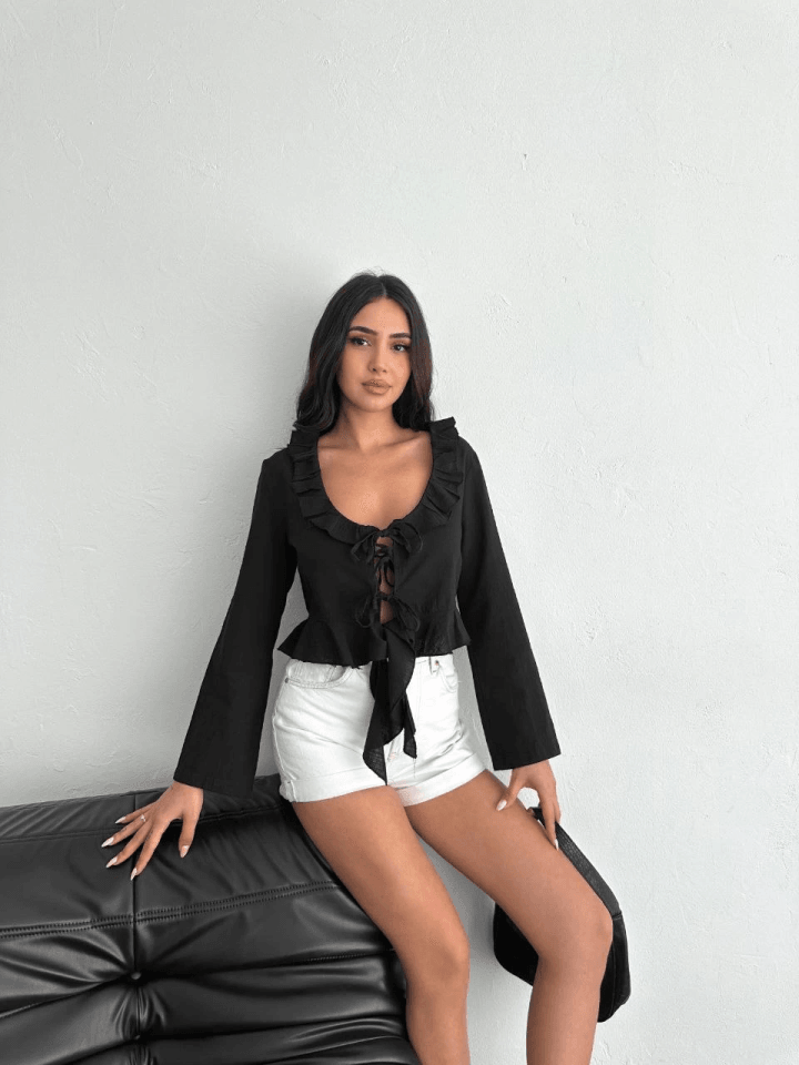 Keten Uzun Kol Bağacık Detaylı Bluz - Siyah