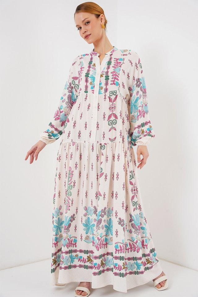 2423 Otantik Desenli Tesettür Elbise - B.Pembe