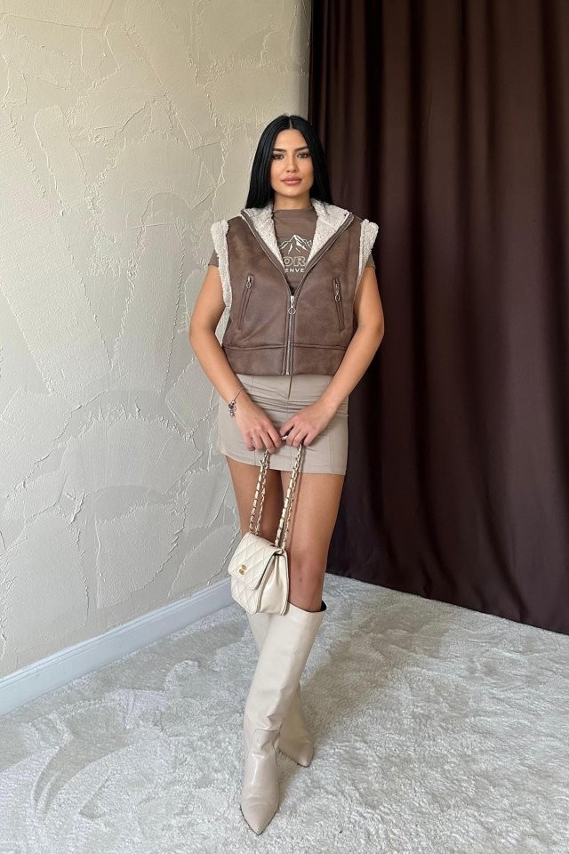 Kahverengi Cepli Kısa Yelek