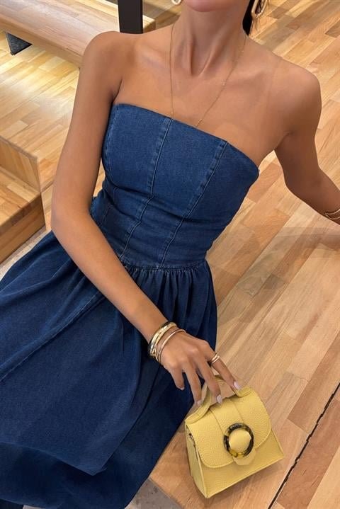 Beli Pileli Straplez Denim Elbise 2886