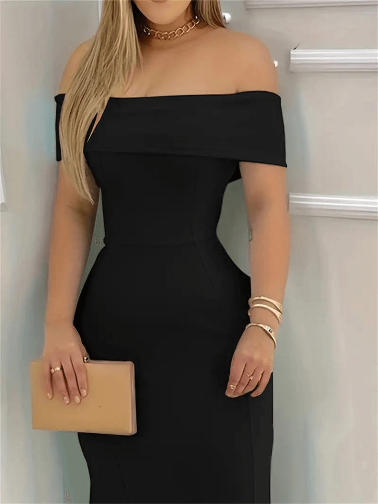 Kadın Kısa Kollu Madonna Yaka Belden Oturtmalı Uzun Ithal Krep Elbise