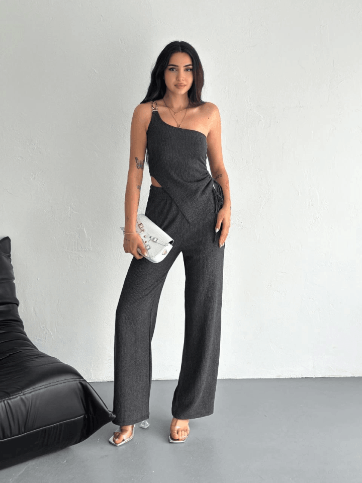 Asimetrik Crop Pantalon Ikili Takım - Füme