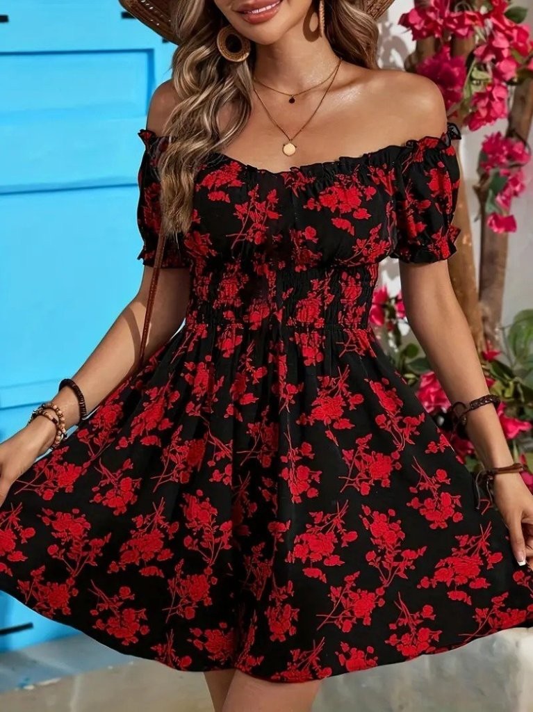 Kadın Kısa Kollu Madonna Yaka Beli Lastikli çiçek Desenli Kısa Süprem Elbise