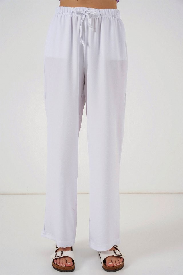 Geniş Paça Keten Pantolon 6735 - Beyaz