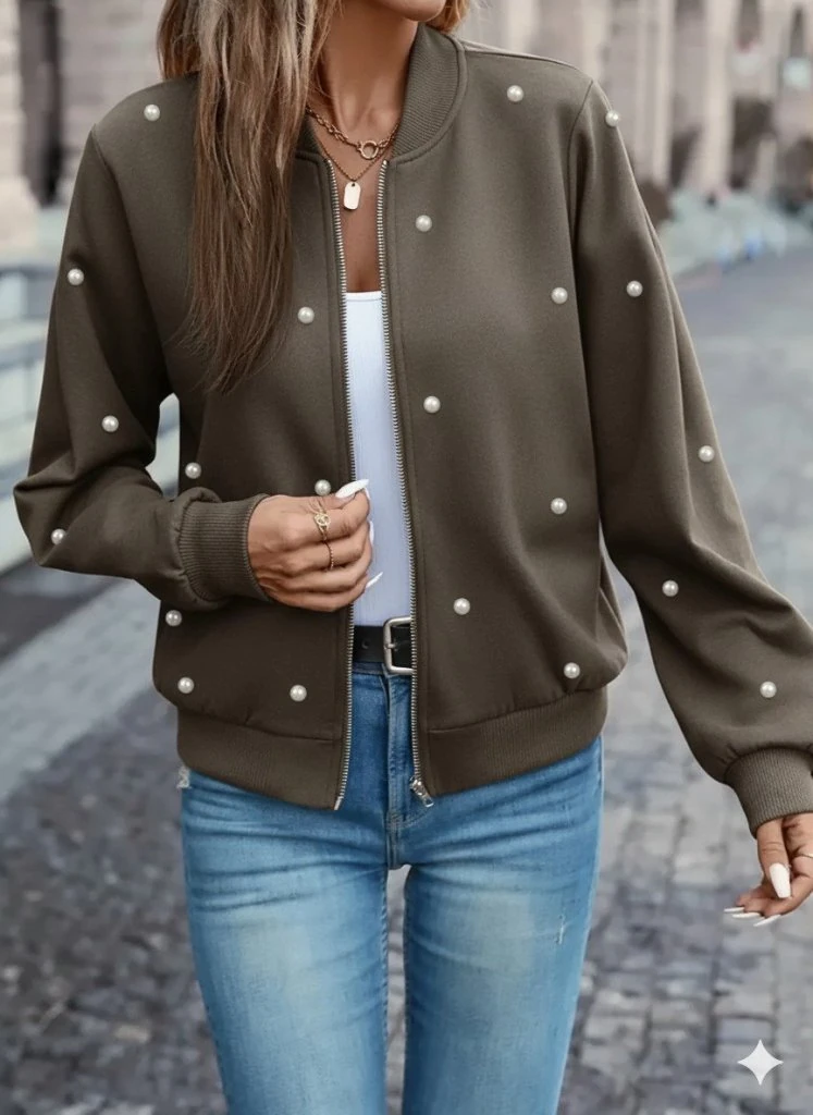 Kadın Uzun Kollu önden Fermuarlı Incili Kısa Modal Ceket