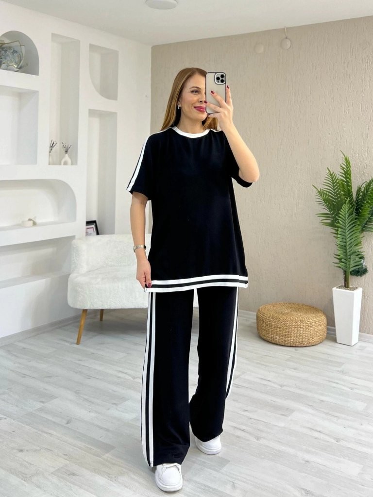 Kadın Kısa Kollu Bisiklet Yaka çift Renk şerit Detaylı Viskon Iki Iplik Bluz Ve Pantolon Ikili Takım