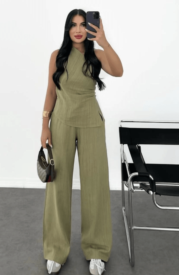 Keten Asimetrik Tek Omuzlu Bluz Pantalon Takım- Su Yeşili