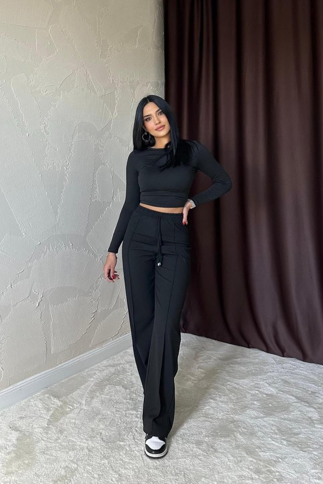 Siyah Bel Büzgülü Pantolon