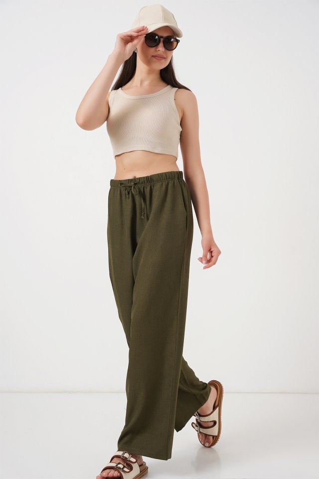 Geniş Paça Keten Pantolon 6735 - Haki