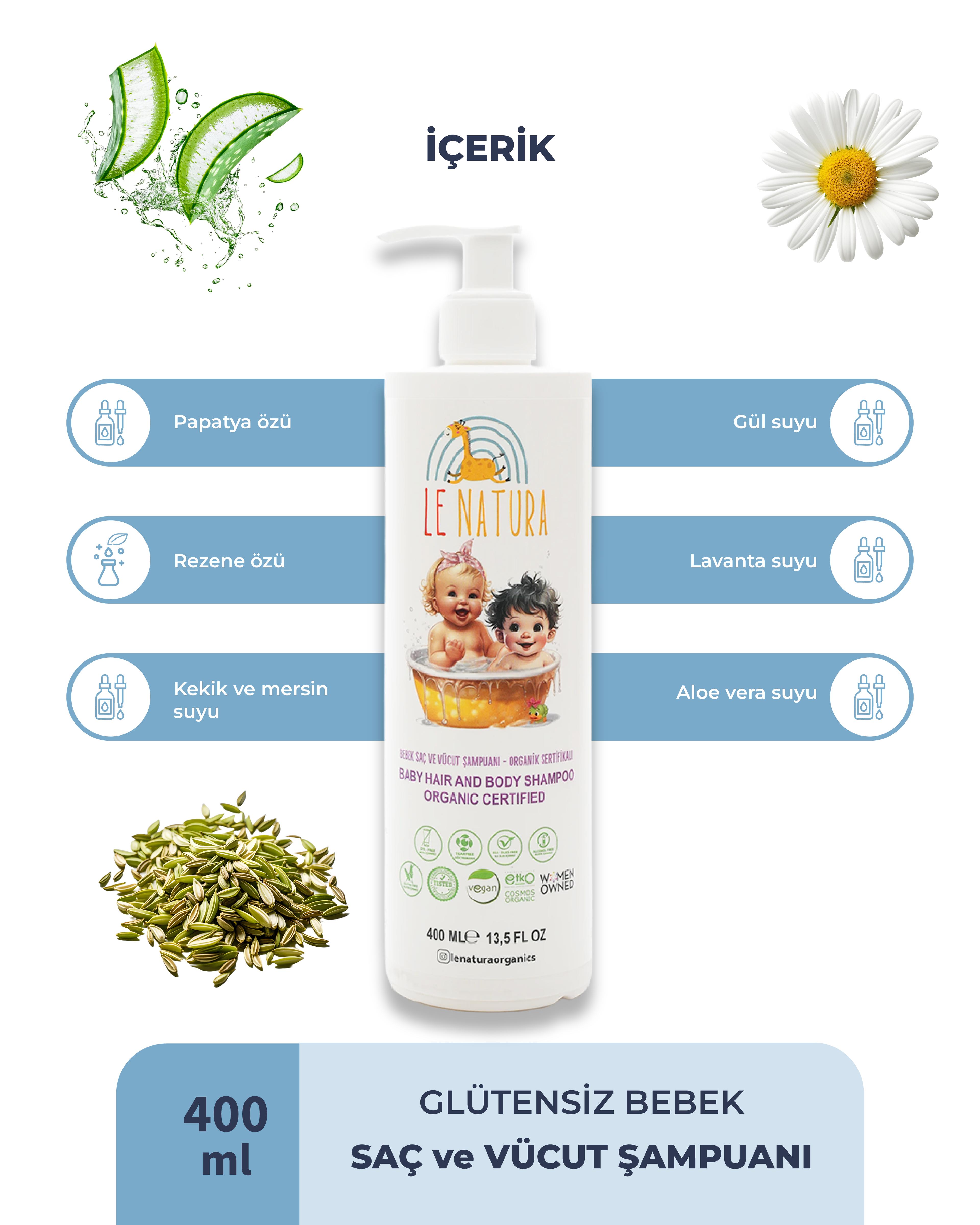 Organik ve Vegan Sertifikalı Glütensiz Bebek Saç ve Vücut Şampuanı- 400 ML