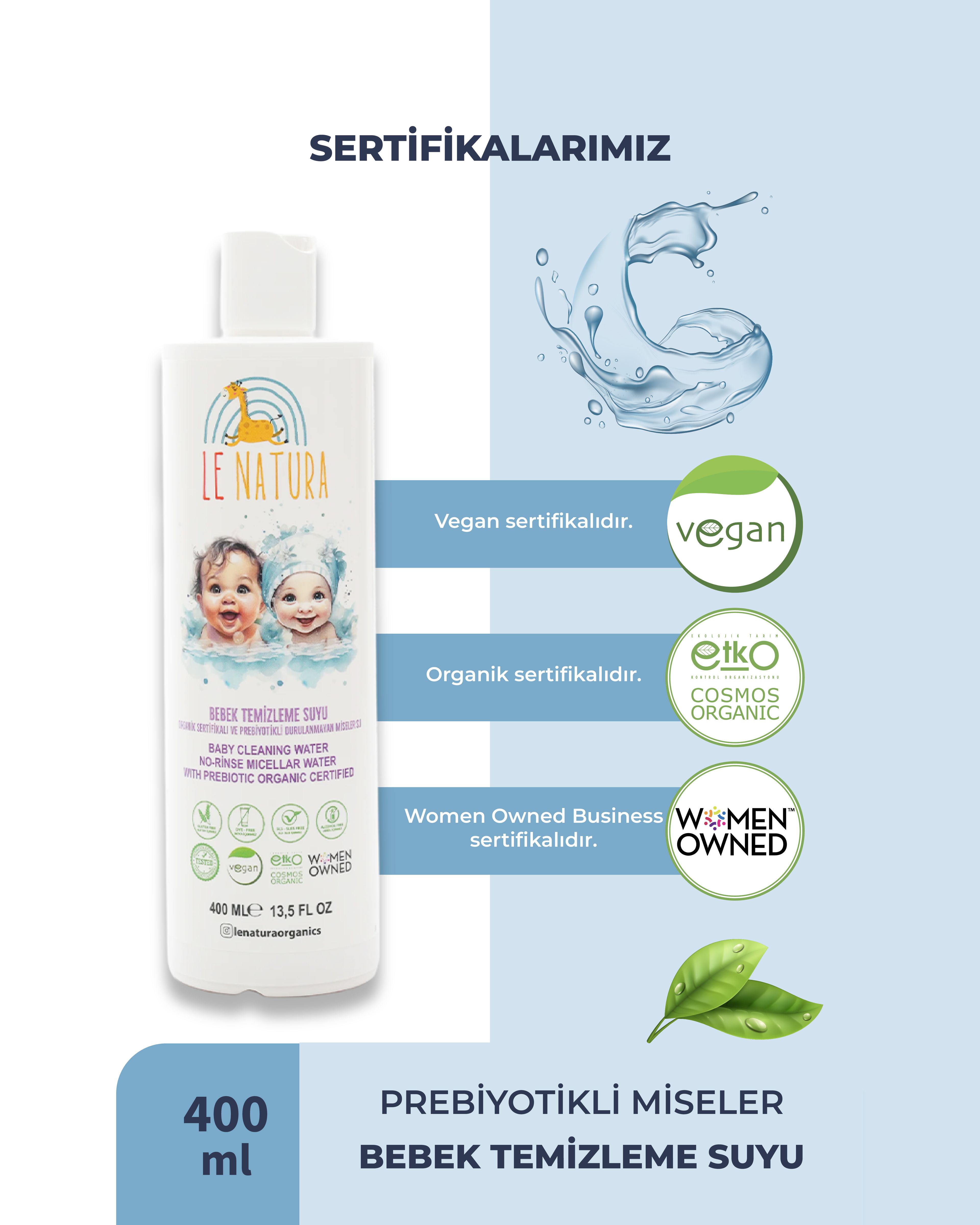 Organik & Vegan Sertifikalı, Prebiyotikli Bebek Temizleme Suyu-Durulanmayan Miseler Su - 400 ml