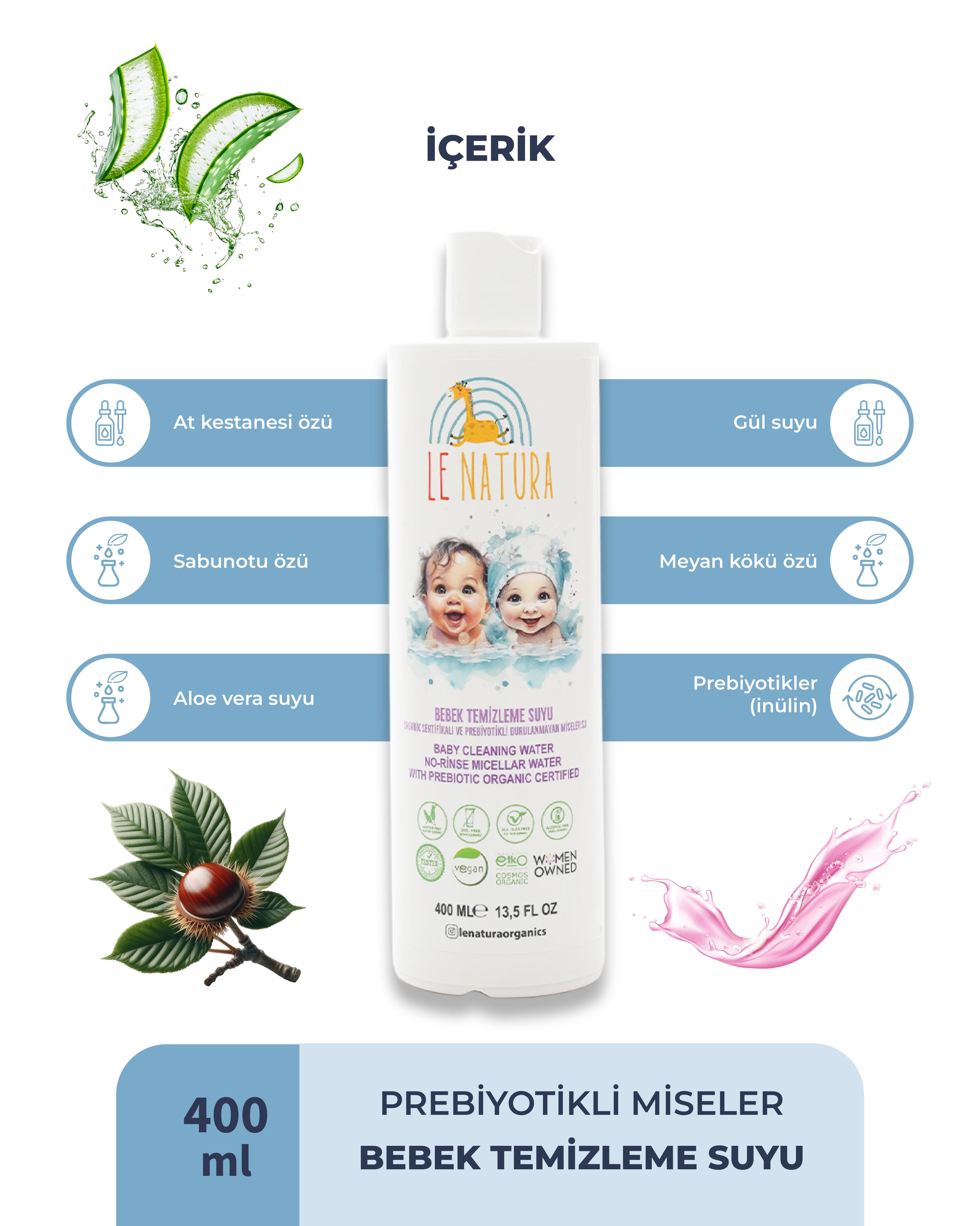 Organik & Vegan Sertifikalı, Prebiyotikli Bebek Temizleme Suyu-Durulanmayan Miseler Su - 400 ml