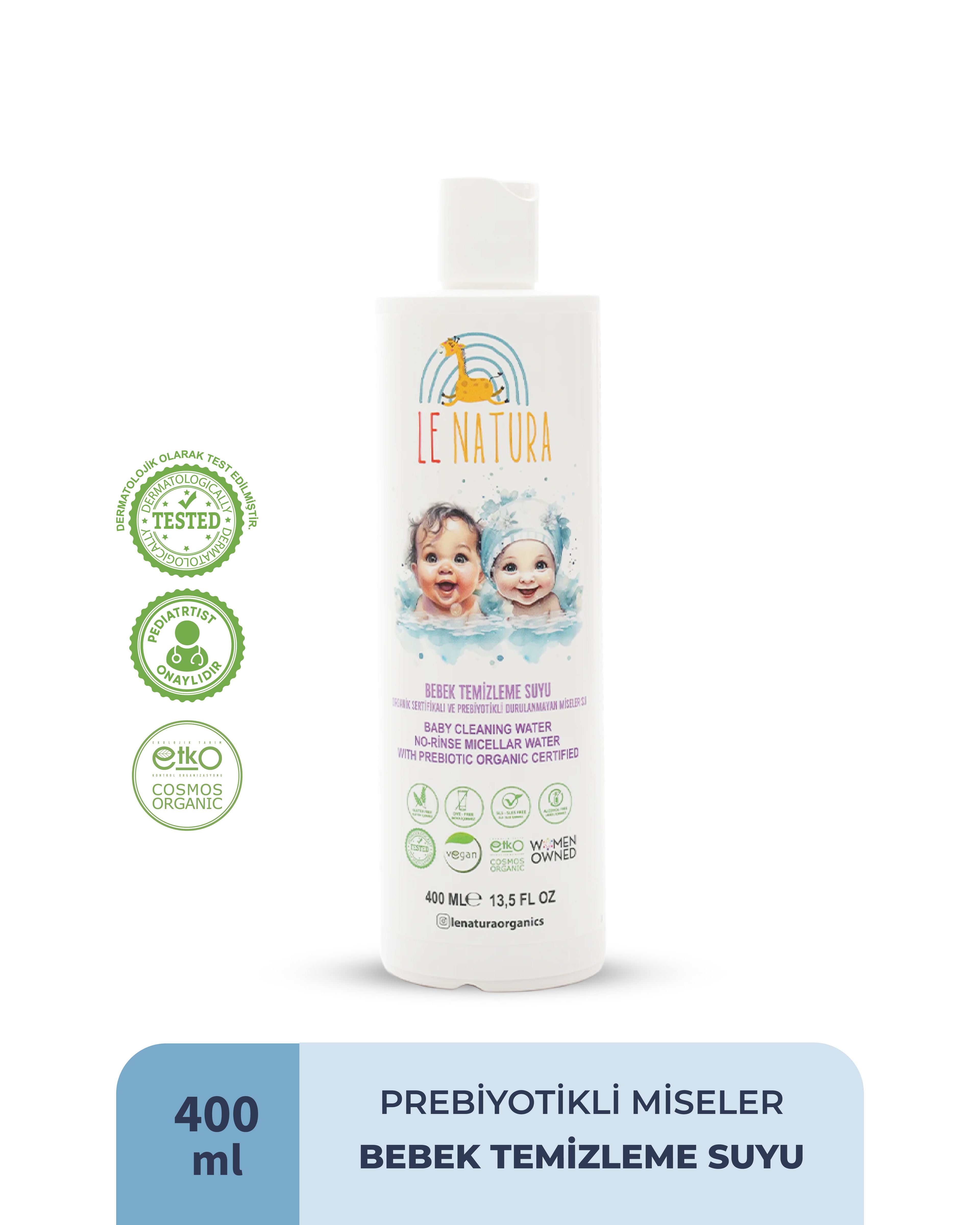 Organik & Vegan Sertifikalı, Prebiyotikli Bebek Temizleme Suyu-Durulanmayan Miseler Su - 400 ml