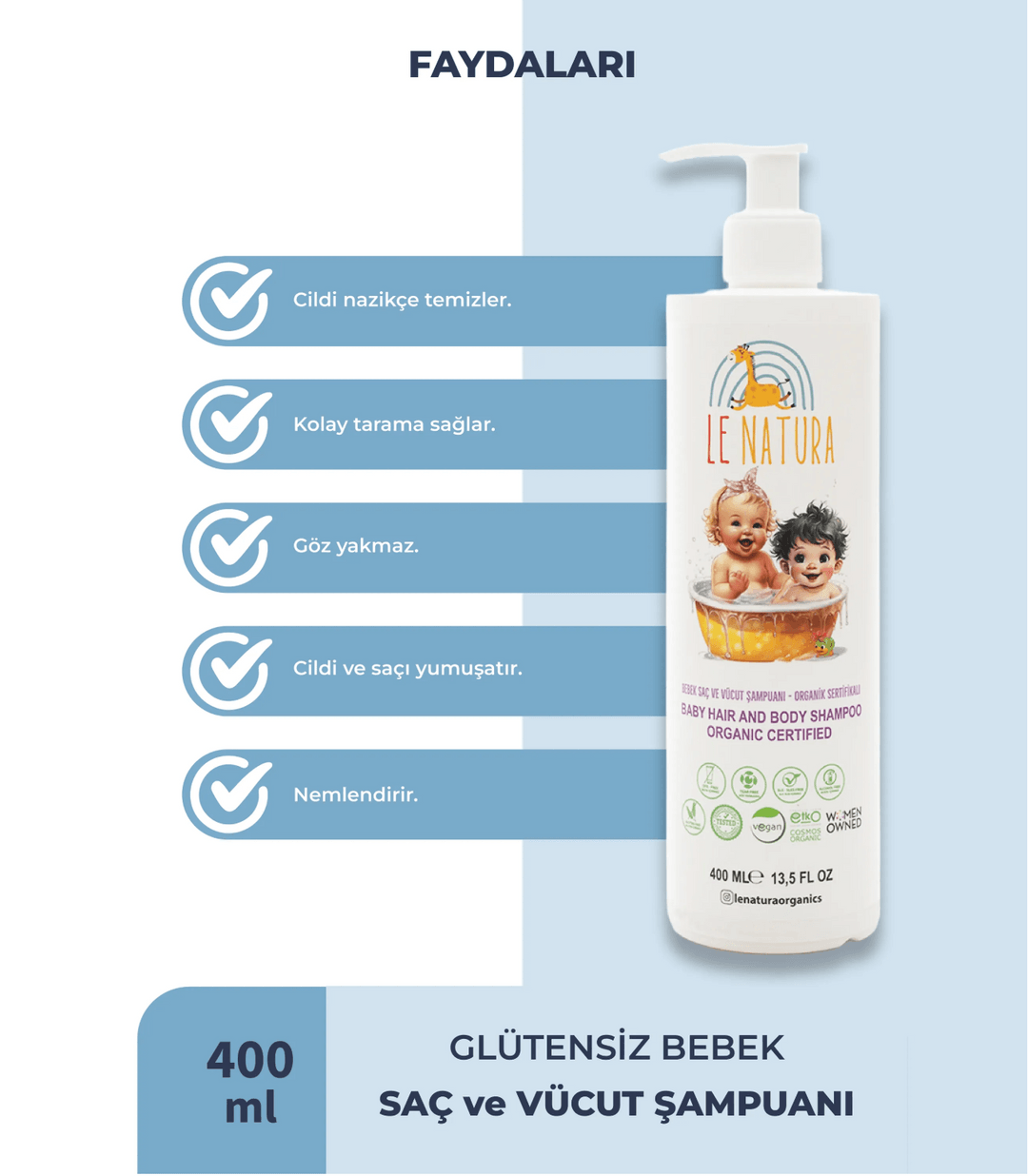 Le Natura Göz Yakmayan, Organik ve Vegan Sertifikalı Parfümsüz Bebek Saç Ve Vücut Şampuanı