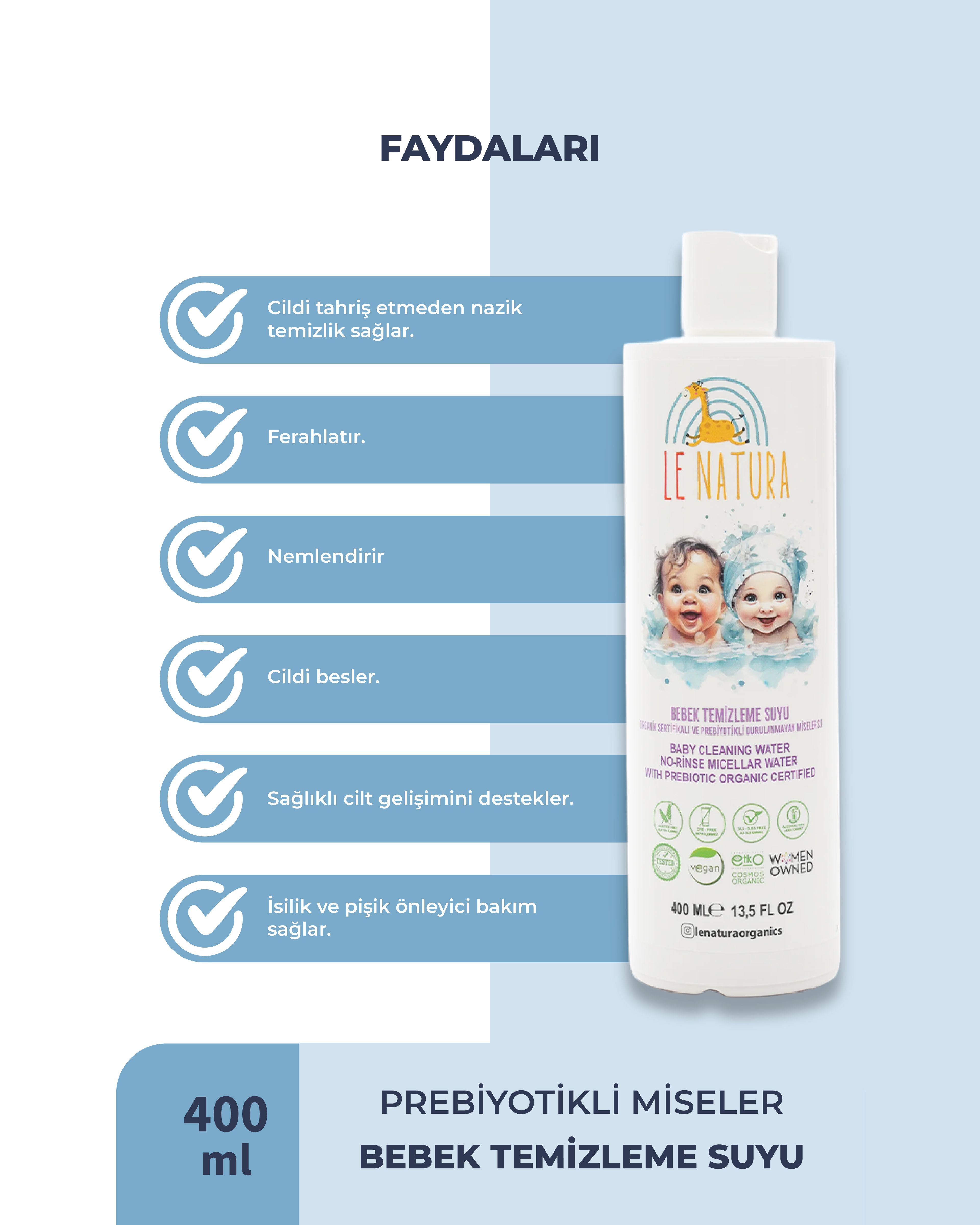 Organik & Vegan Sertifikalı, Prebiyotikli Bebek Temizleme Suyu-Durulanmayan Miseler Su - 400 ml