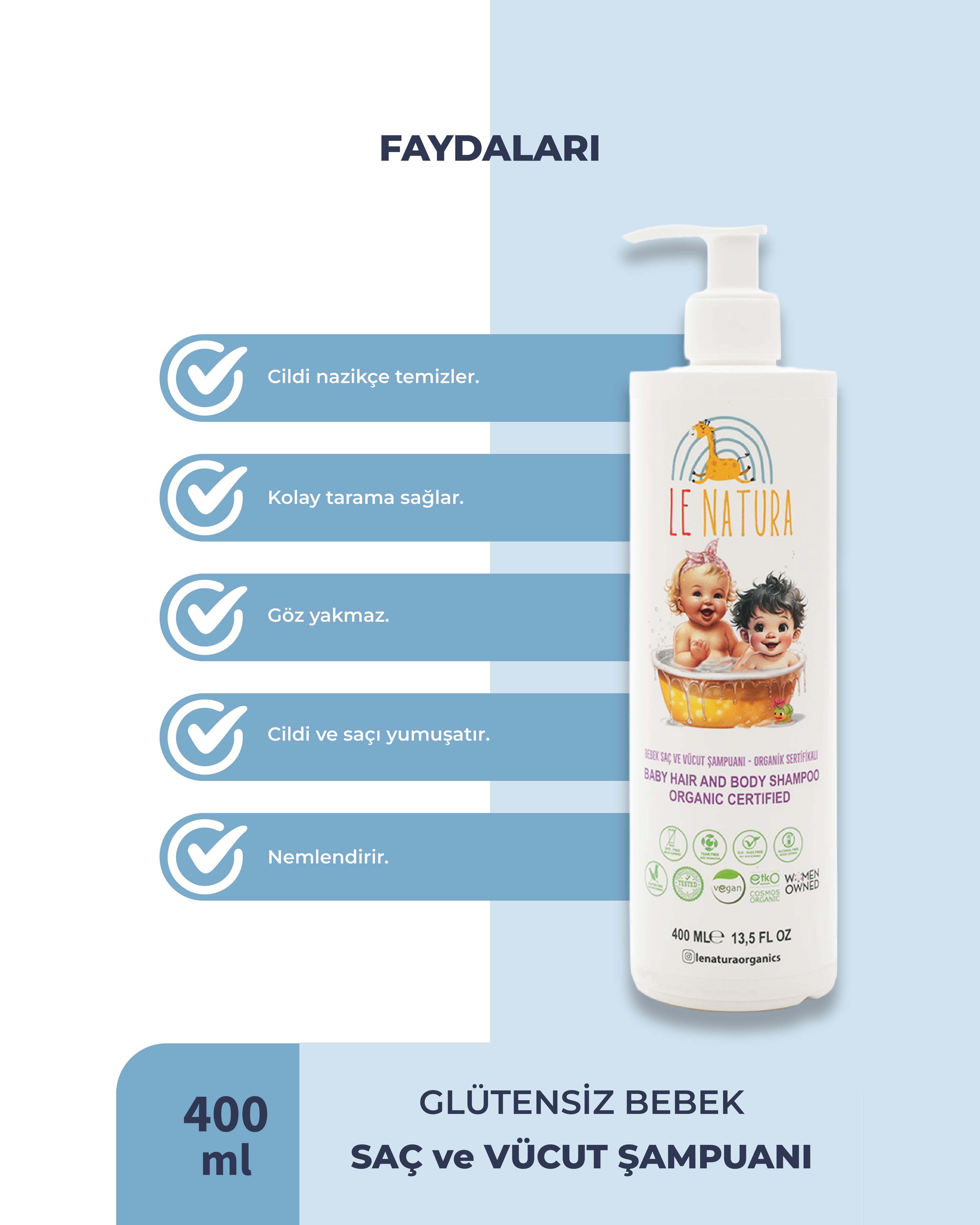 Organik ve Vegan Sertifikalı Glütensiz Bebek Saç ve Vücut Şampuanı- 400 ML