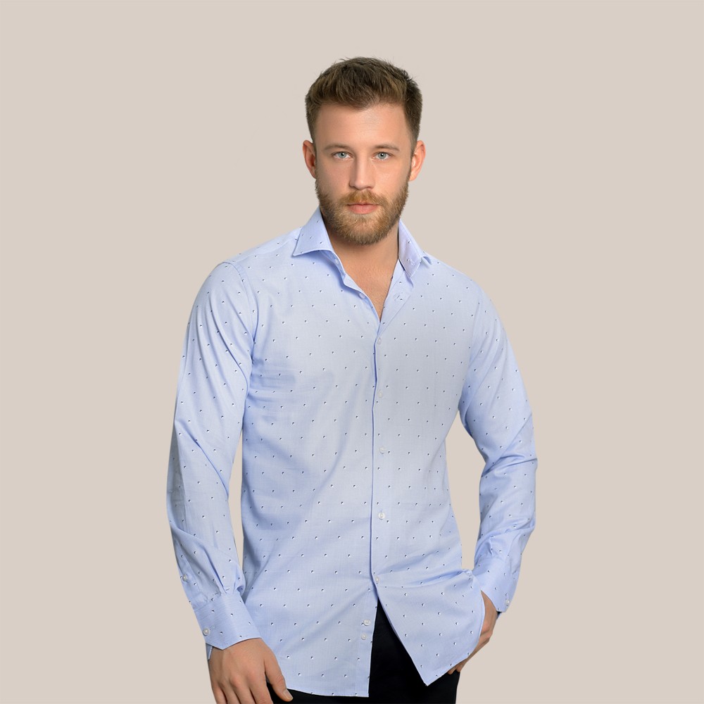 Açık Mavi - Desenli Slim Fit Erkek Gömlek