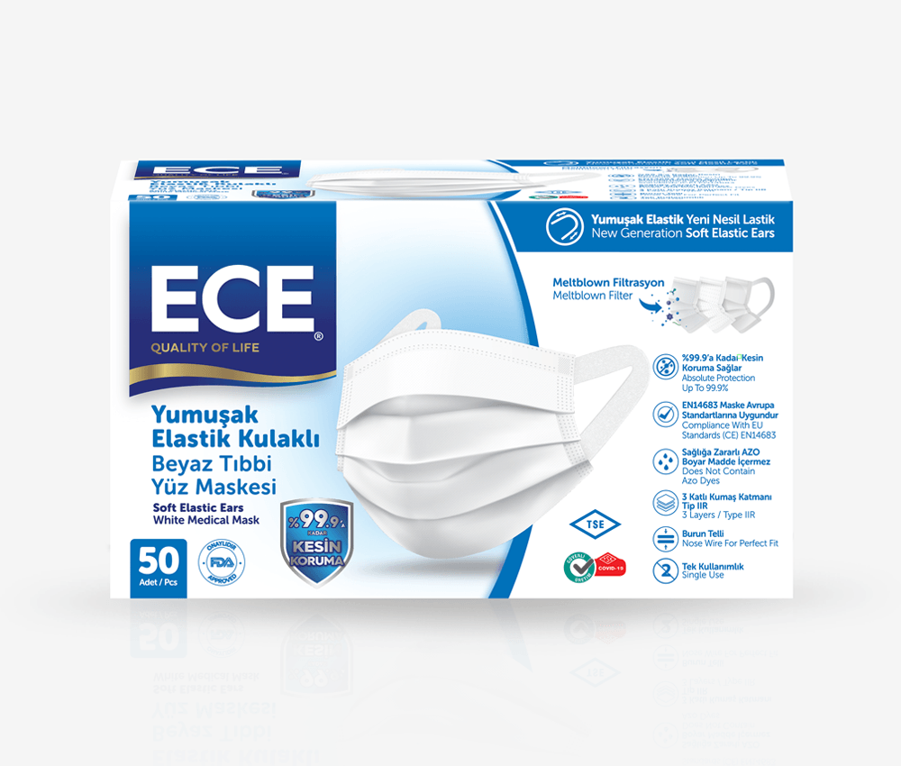 Ece Yumuşak Elastik Kulaklıklı Beyaz Tıbbi Yüz Maskesi 50 Adet