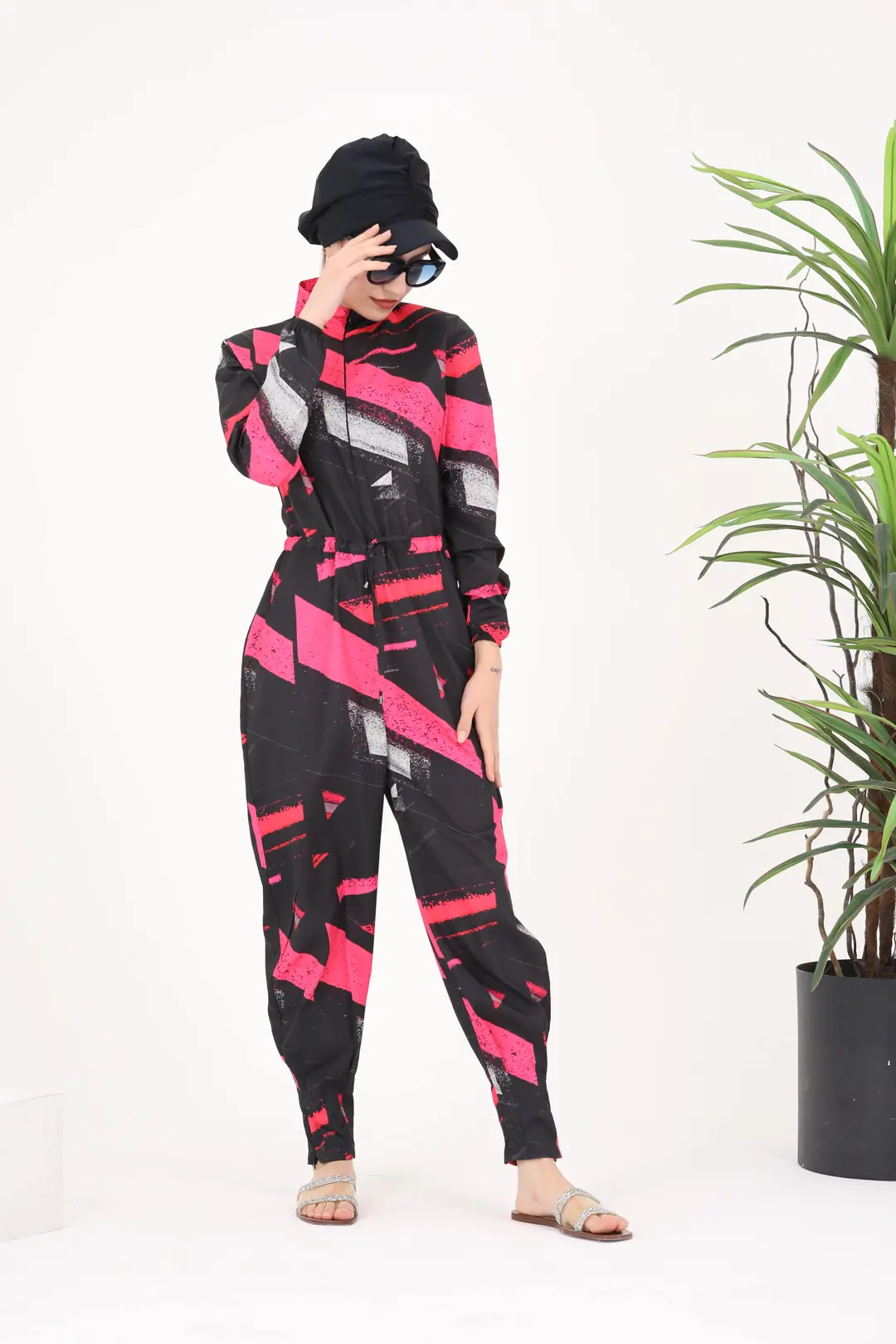 Fuşya Defne Desen Tulum Mayo