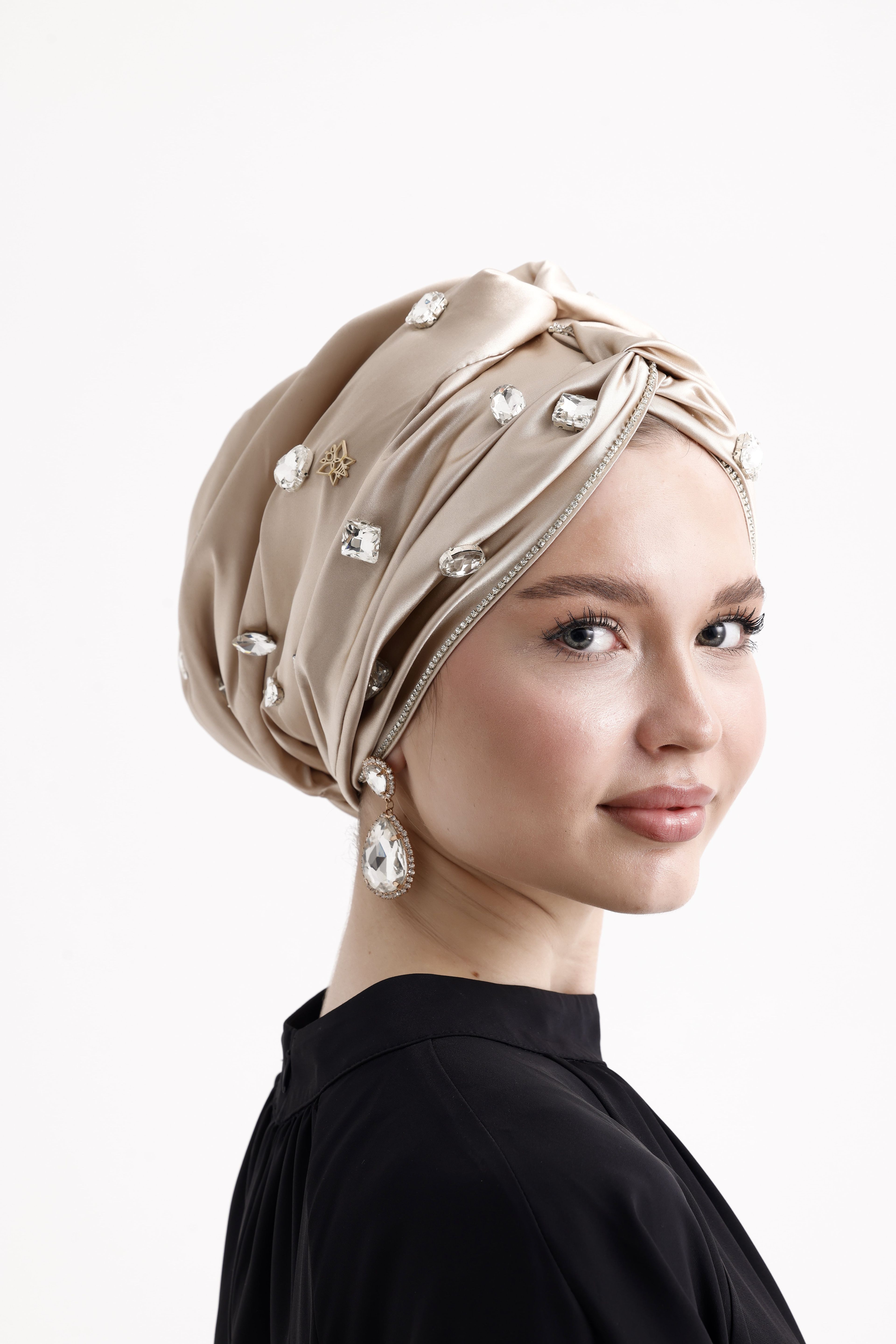 Diamond Filled Turban - Bej