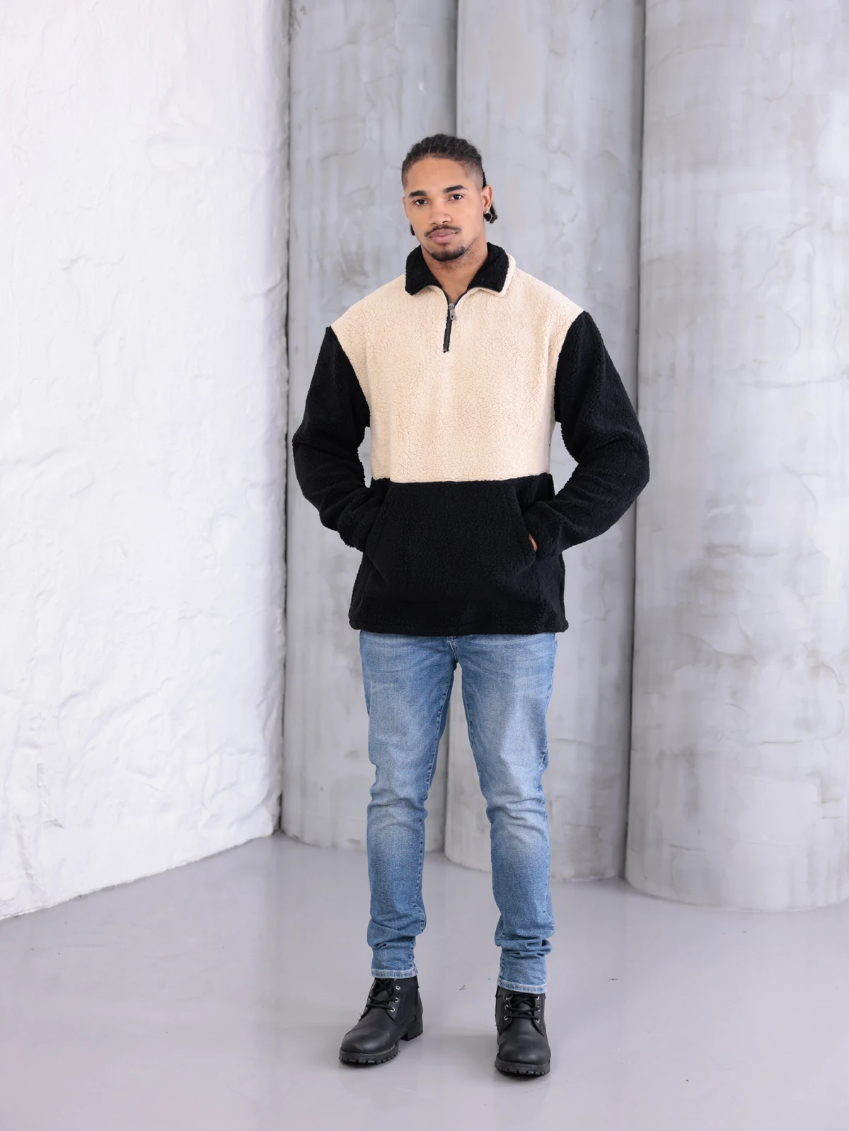 SUNİ KUZU YARIM FERMUARLI SWEATSHIRT - Bej-Siyah