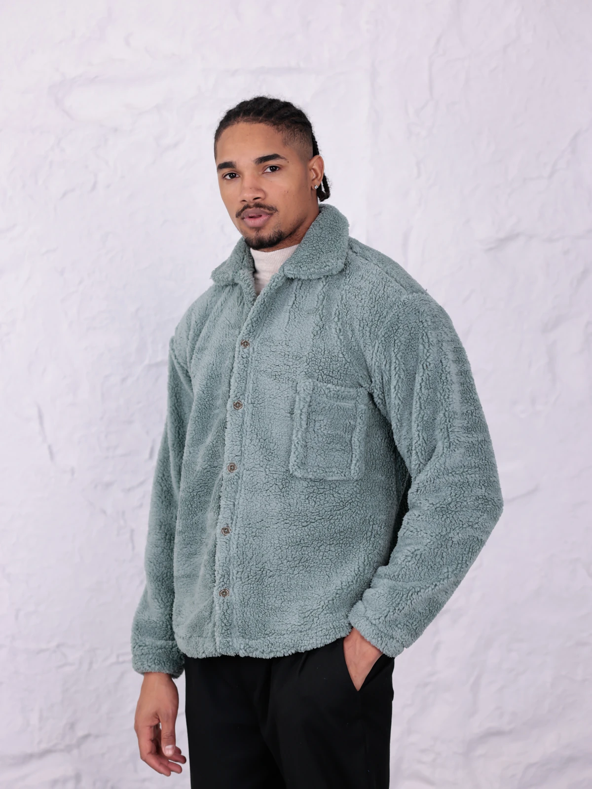 SUNİ KUZU DÜĞMELİ CEKET - Su Yeşili