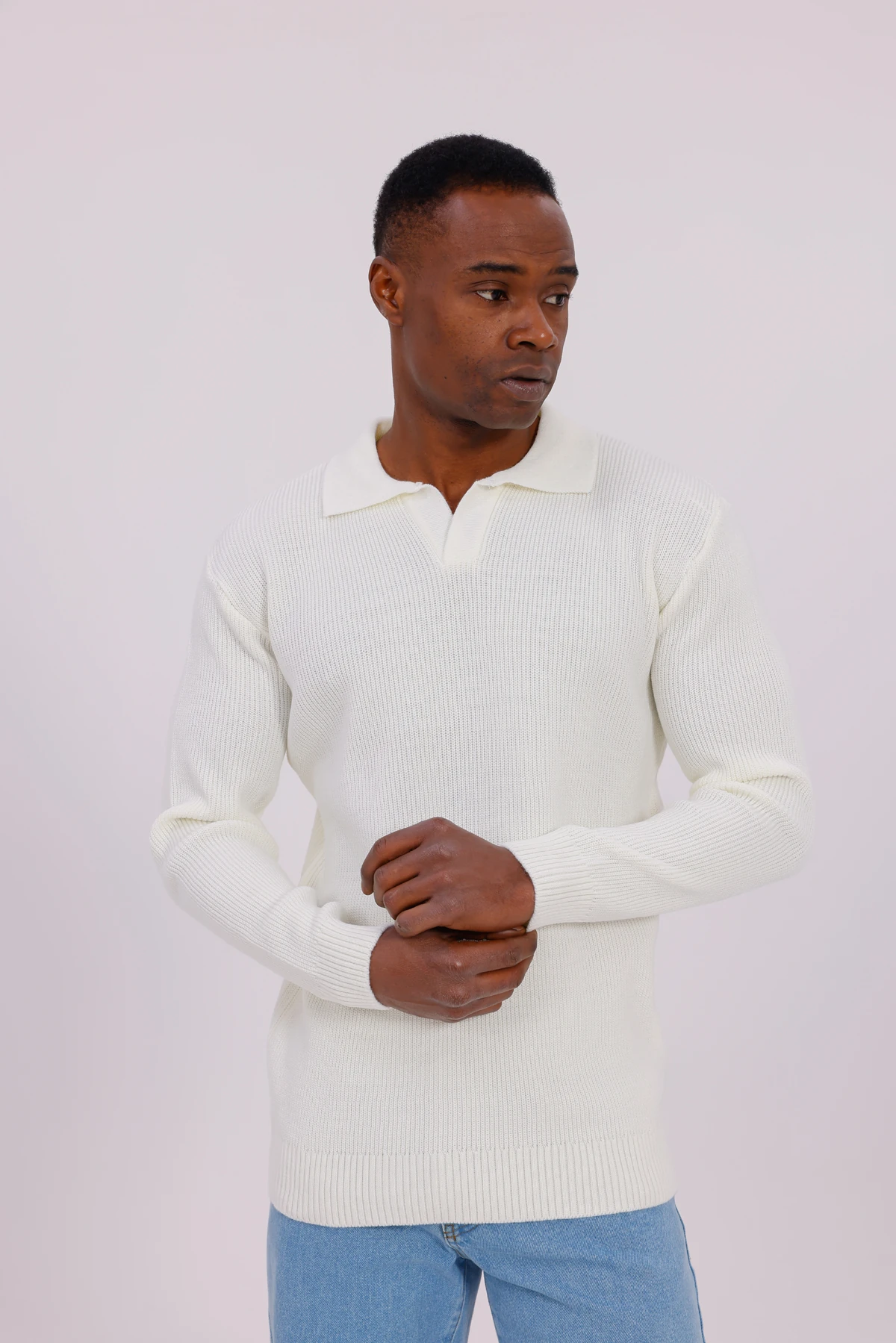 V YAKA ÖRGÜLÜ KAZAK - Ekru