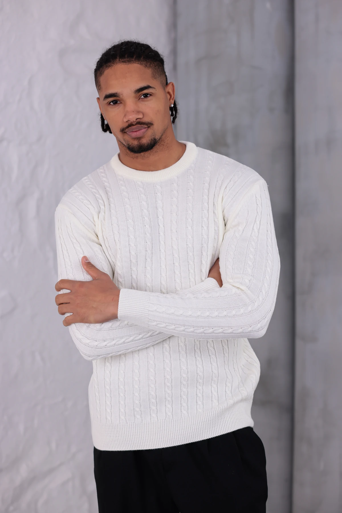 ÖRGÜLÜ SIFIR YAKA KAZAK - Ekru