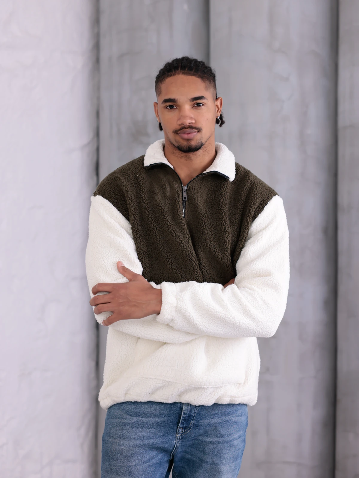 SUNİ KUZU YARIM FERMUARLI SWEATSHIRT - Haki-Ekru