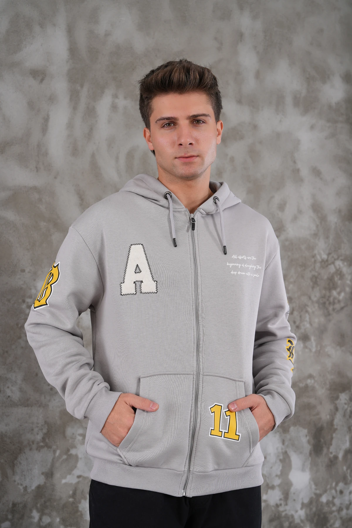 APLİKE NAKIŞLI FERMUARLI CEKET - Gri