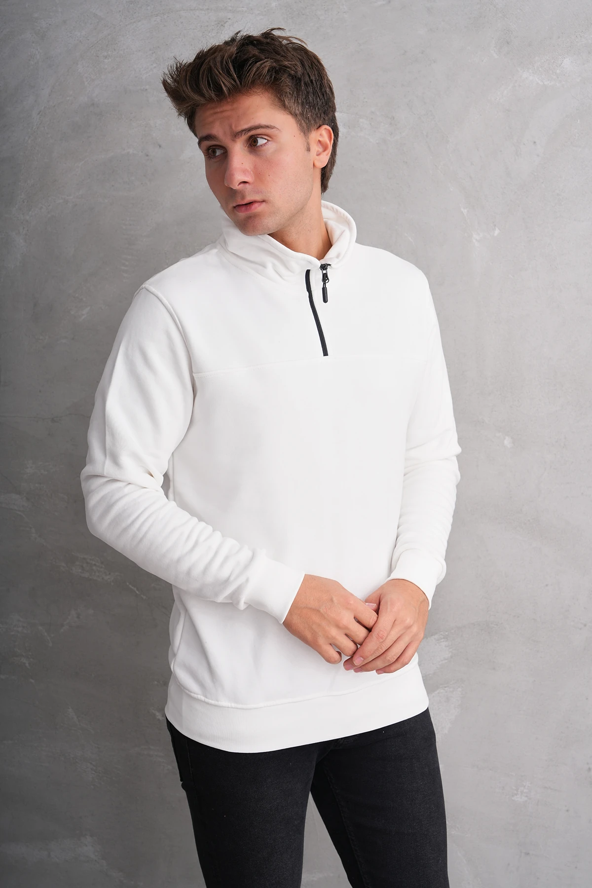 TRACE YARIM FERMUARLI SWEATSHIRT - Ekru