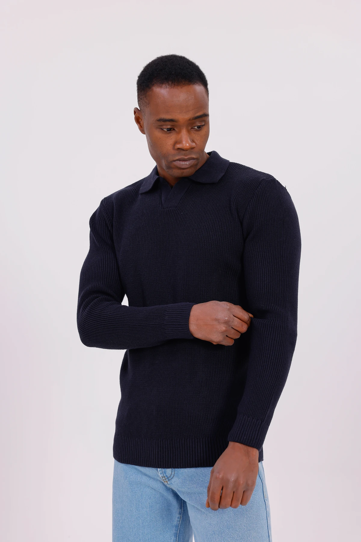 V YAKA ÖRGÜLÜ KAZAK - Lacivert