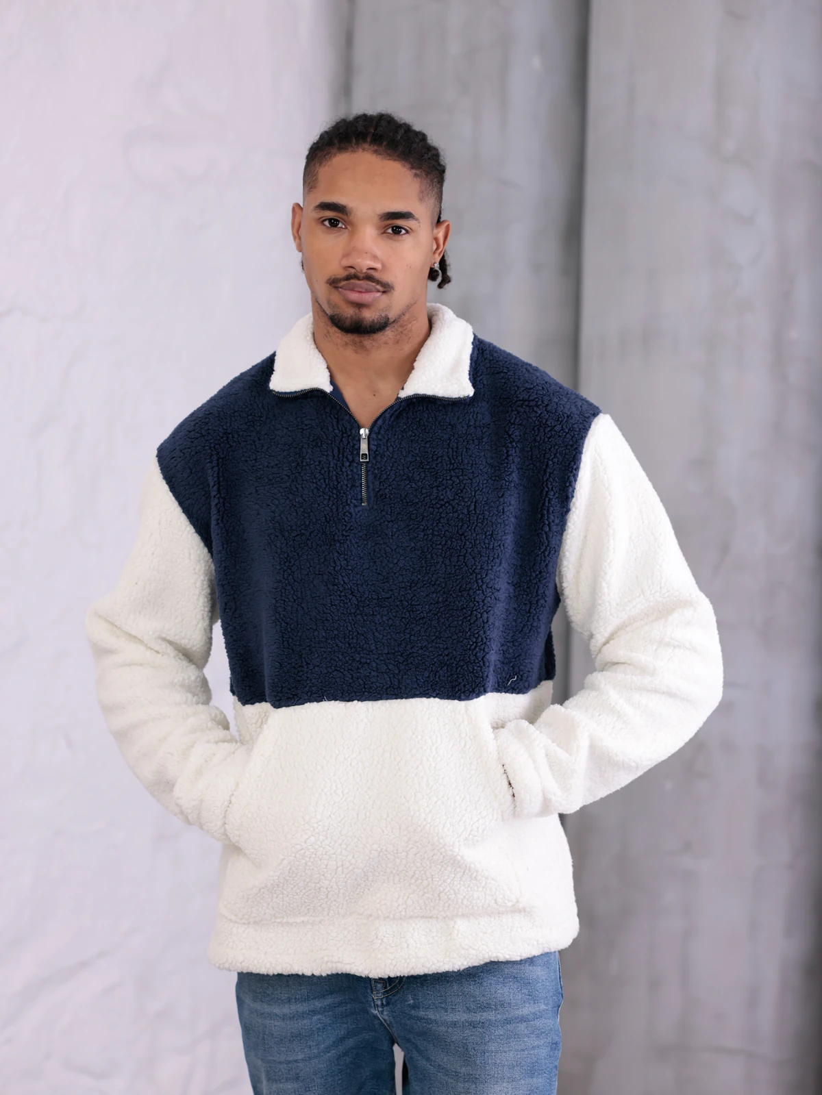 SUNİ KUZU YARIM FERMUARLI SWEATSHIRT - Lacivert-Ekru