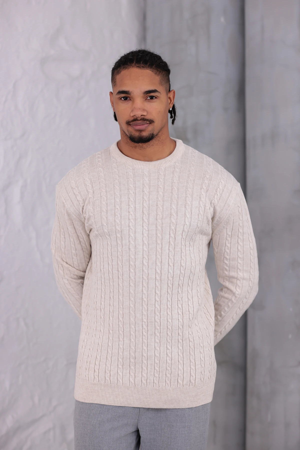 ÖRGÜLÜ SIFIR YAKA KAZAK - Bej