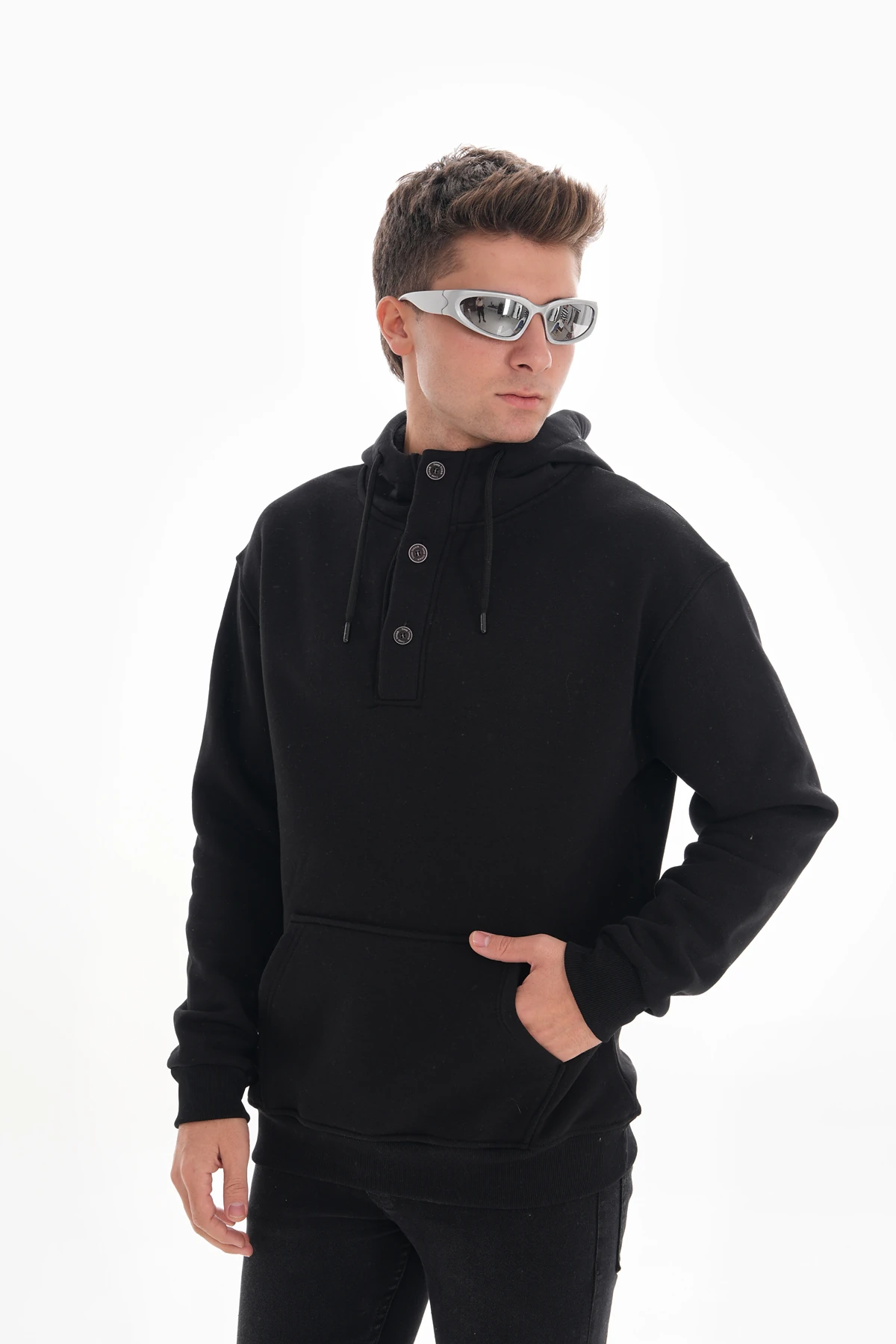 DÜĞMELİ KAPÜŞONLU OVERSİZE SWEATSHIRT