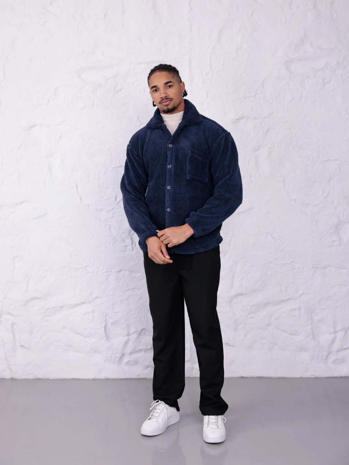 SUNİ KUZU DÜĞMELİ CEKET - Lacivert