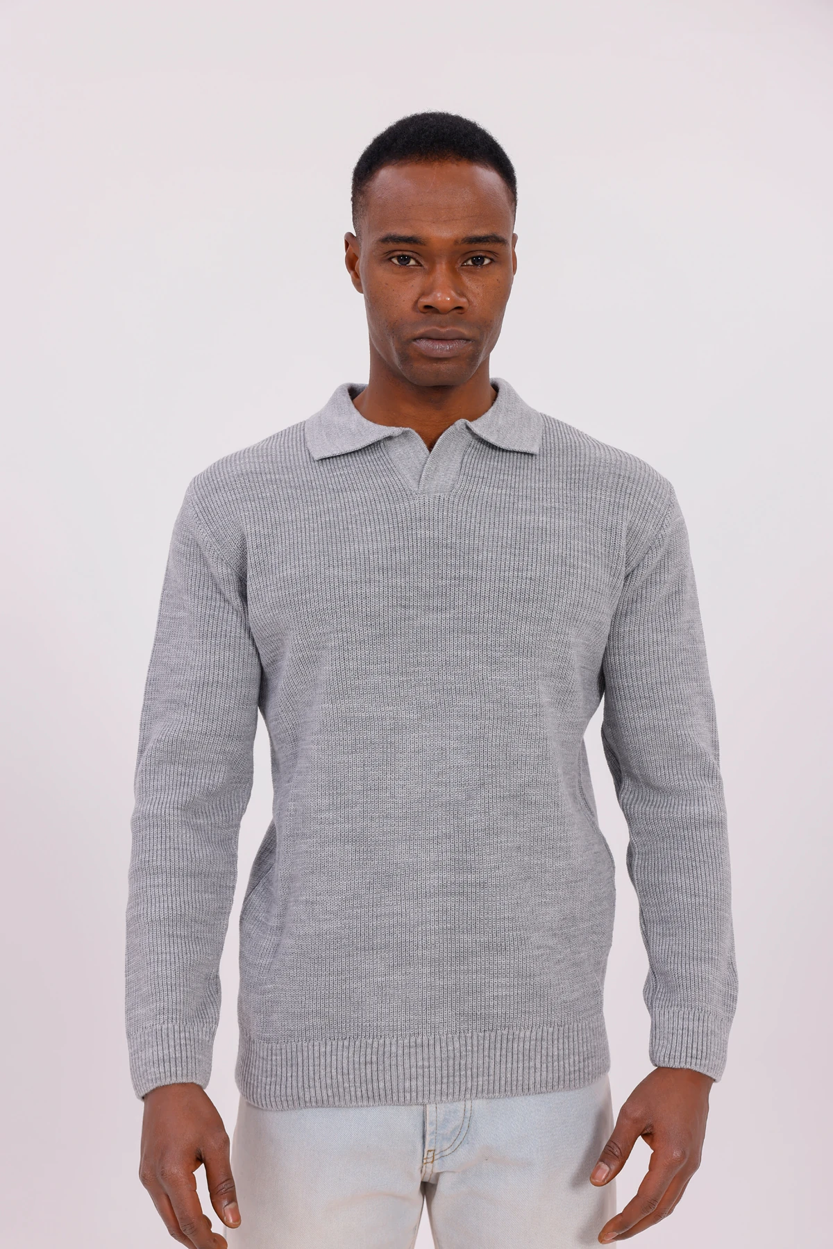 V YAKA ÖRGÜLÜ KAZAK - Gri