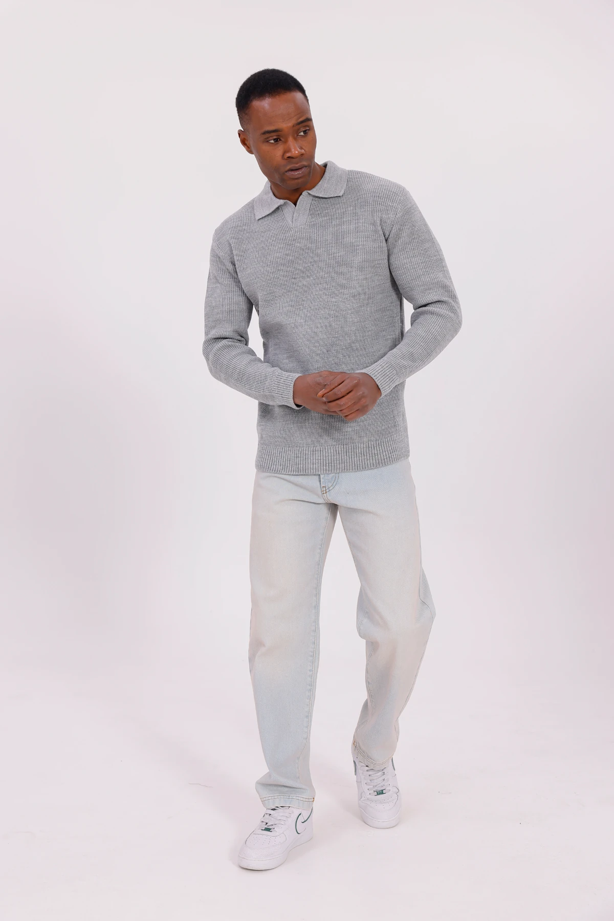 V YAKA ÖRGÜLÜ KAZAK - Gri