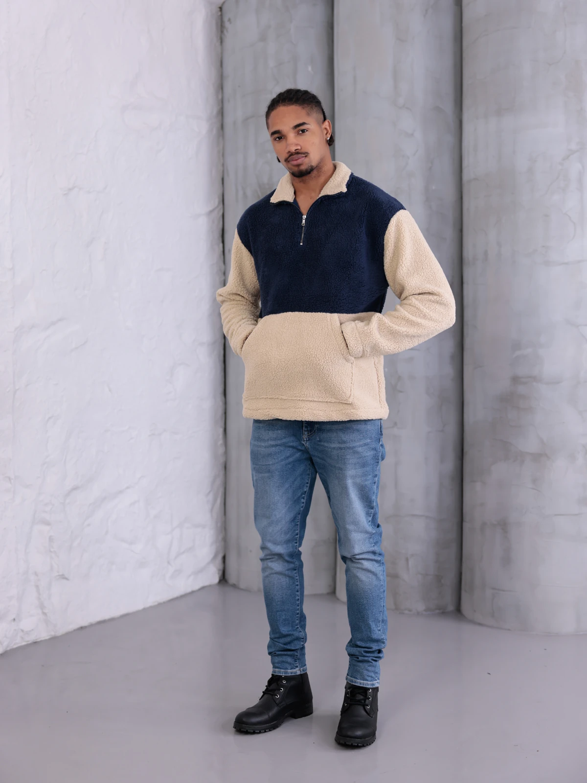 SUNİ KUZU YARIM FERMUARLI SWEATSHIRT - Lacivert-Bej