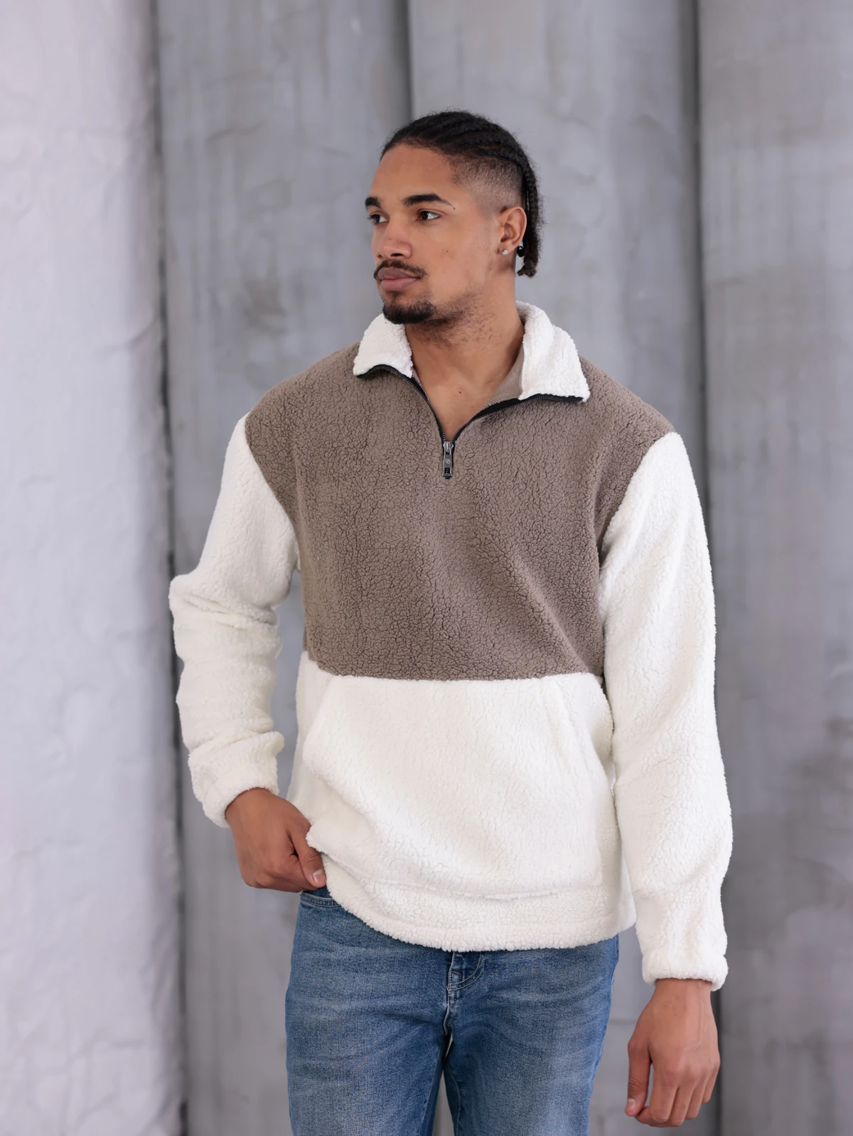 SUNİ KUZU YARIM FERMUARLI SWEATSHIRT - Vizon-Ekru