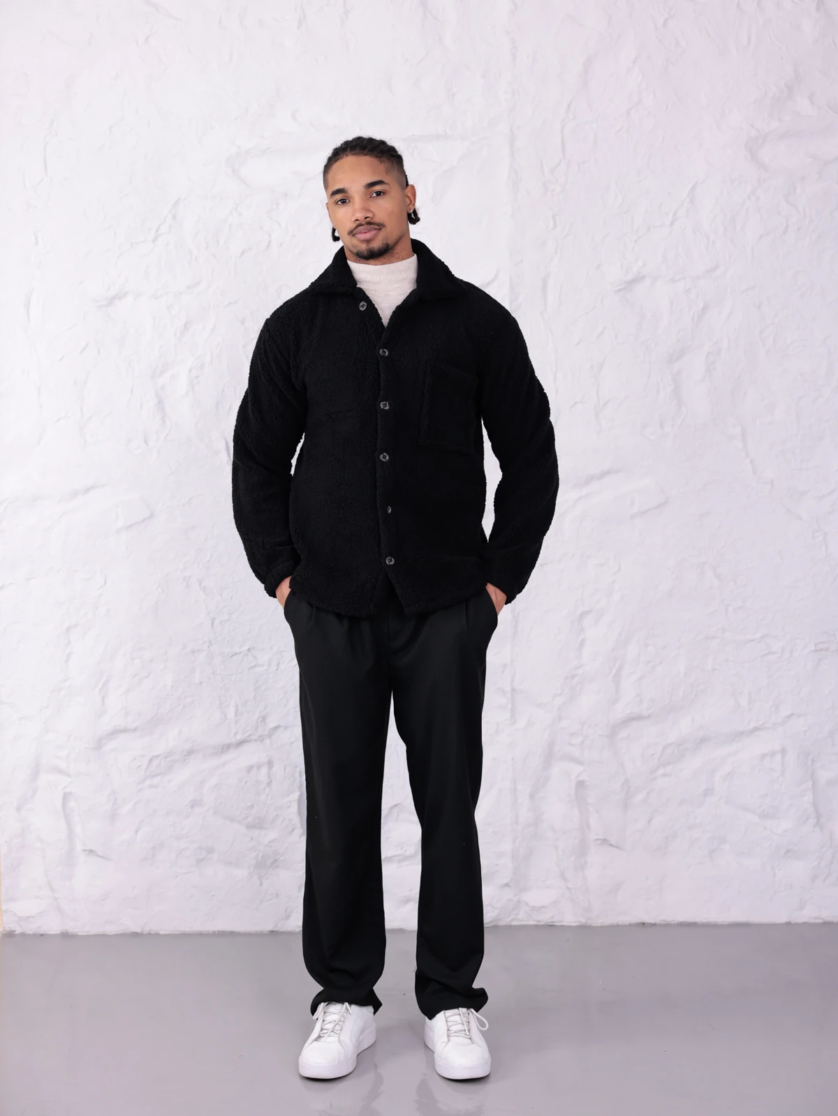 SUNİ KUZU DÜĞMELİ CEKET - Siyah