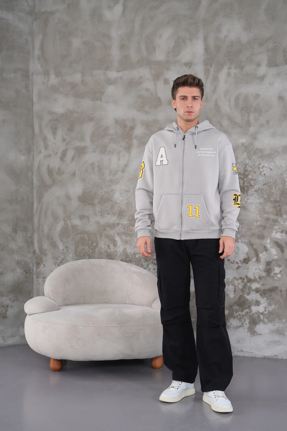 APLİKE NAKIŞLI FERMUARLI CEKET - Gri