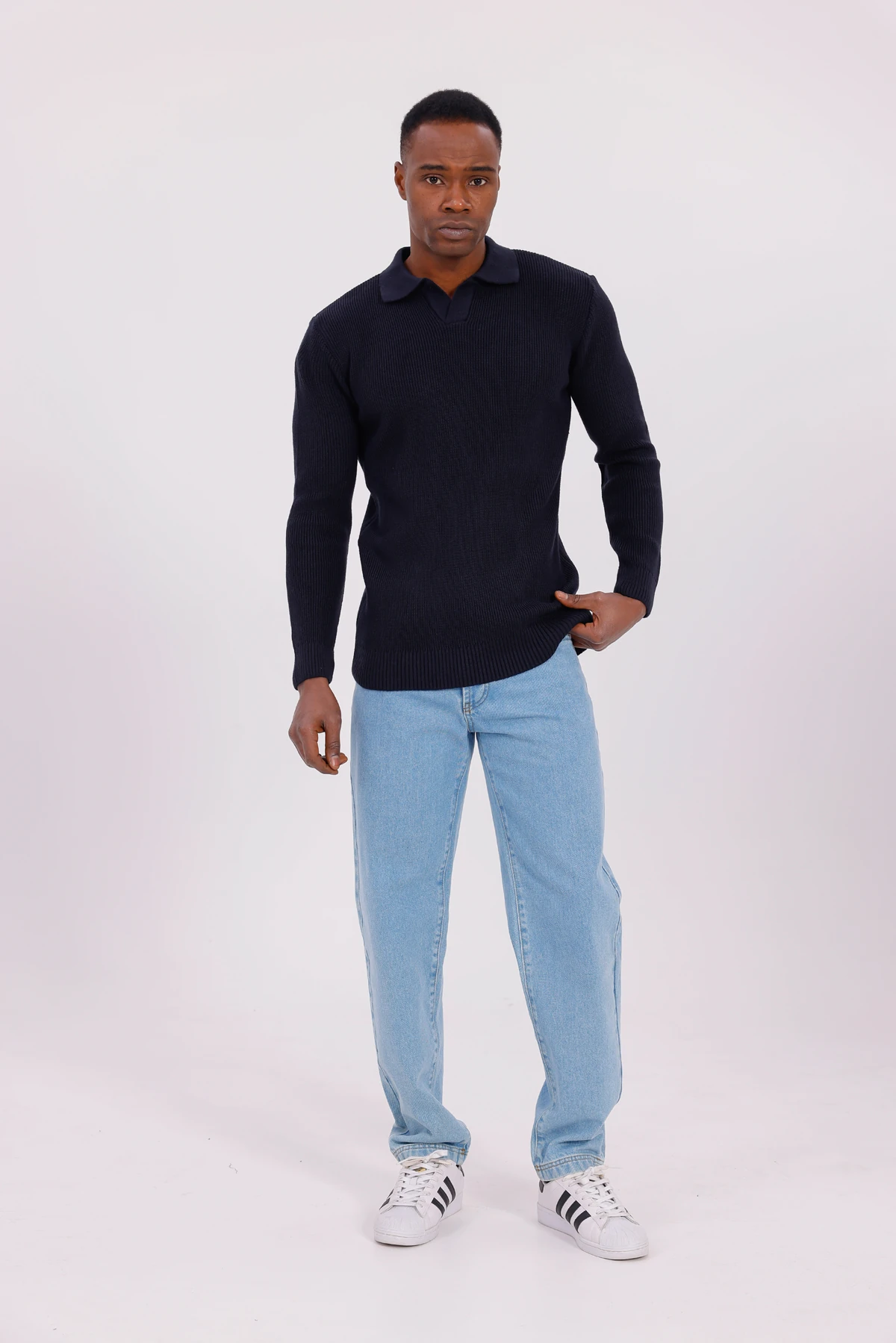 V YAKA ÖRGÜLÜ KAZAK - Lacivert