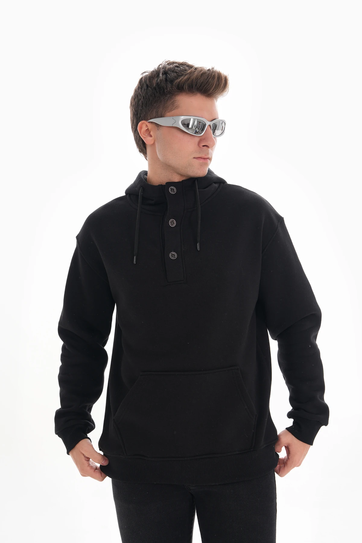 DÜĞMELİ KAPÜŞONLU OVERSİZE SWEATSHIRT